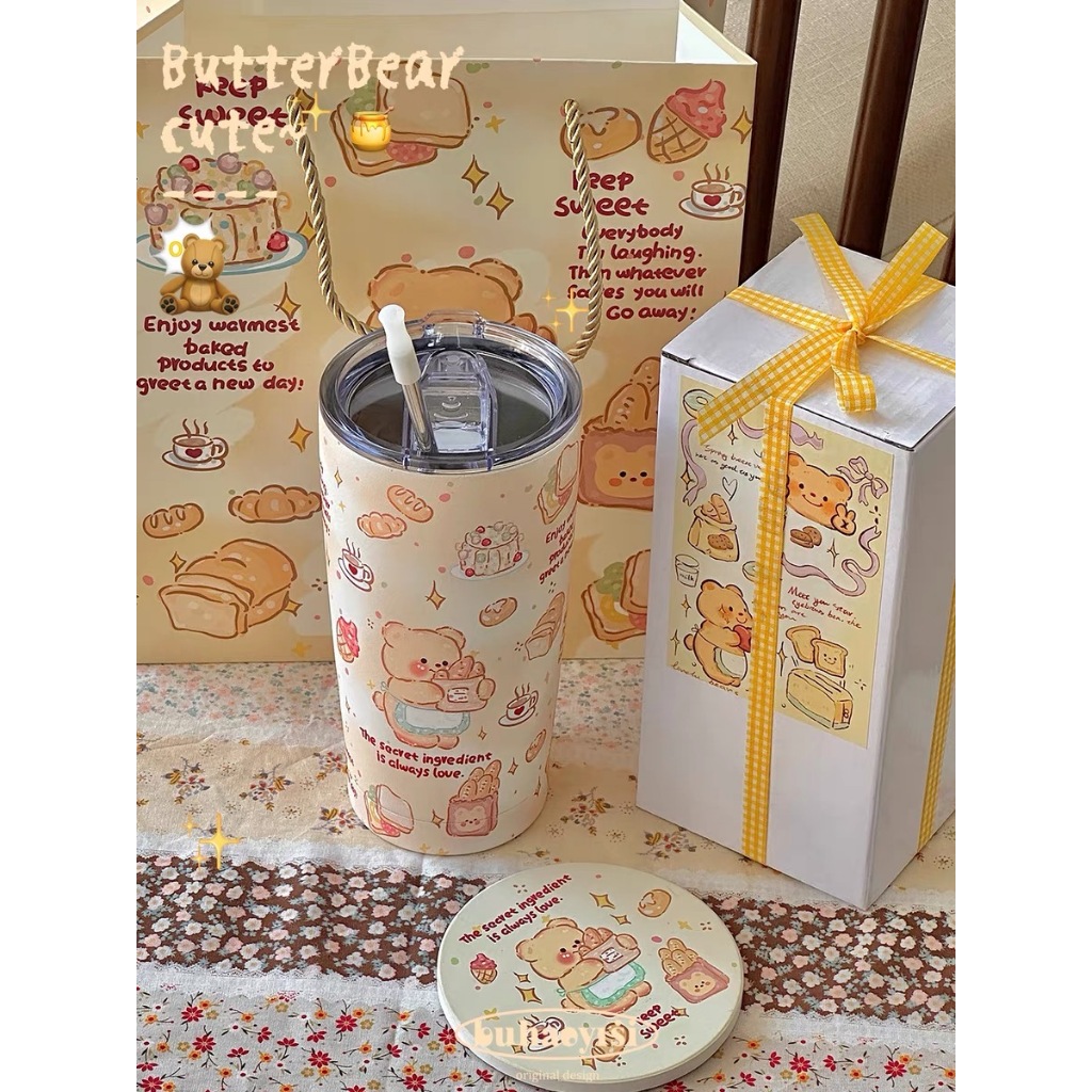 พร้อมส่ง แก้วเก็บความเย็น แก้วเก็บอุณหภูมิ butter bearน่ารัก ไม่รั่วน้ำ ขนาด600ml
