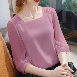 เสื้อชีฟองคอเหลี่ยม มีซับในไม่บาง ใส่สบาย ตัดโดยช่างไทย