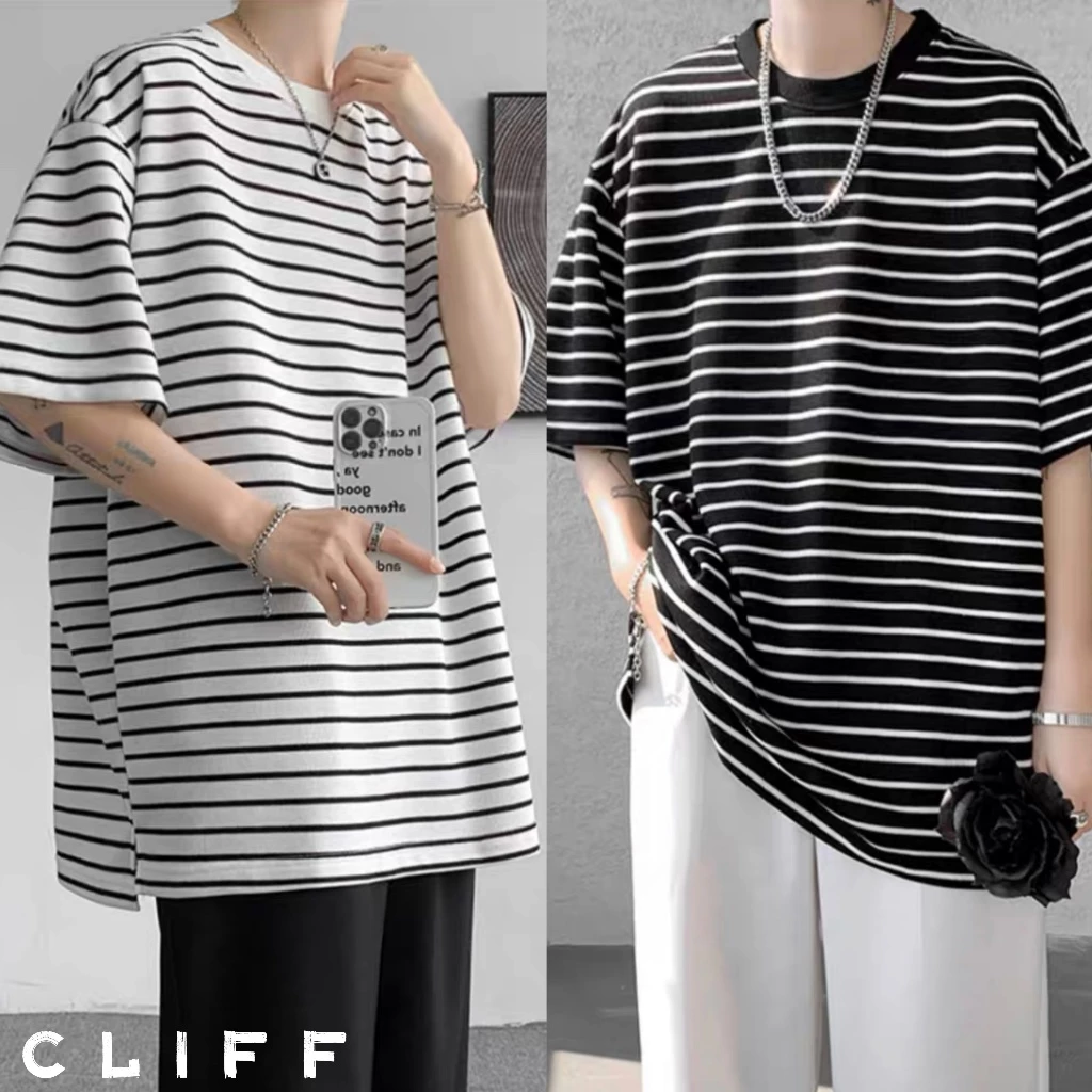 CLIFF -COD✅เสื้อยืดผู้ชาย แขนสั้นลายทาง เสื้อคอกลม เสื้อผ้าผู้หญิง ชุดคู่รัก แบบหลวม แมทช์ลุคง่าย