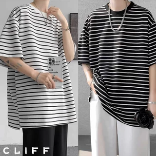 CLIFF -COD✅เสื้อยืดผู้ชาย แขนสั้นลายทาง เสื้อคอกลม เสื้อผ้าผู้หญิง ชุดคู่รัก แบบหลวม แมทช์ลุคง่าย