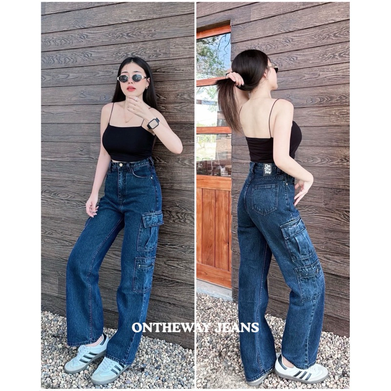 กางเกงยีนส์คาร์โก้ เอวสูง ทรงสวย ขากระบอก ซิปกระเป๋า สีสโนยีนส์ ผ้าไม่ยืด