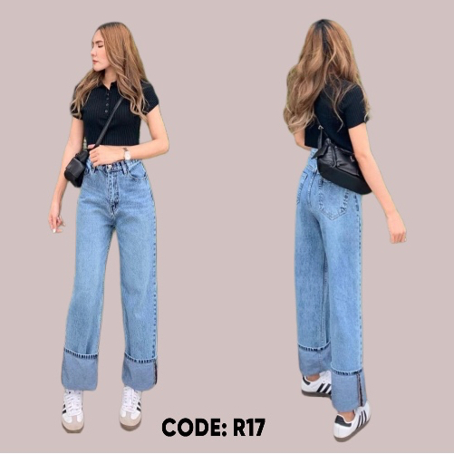 กางเกงยีนส์ขากระบอกแต่งพับขาเอวสูง (ผ้าไม่ยืด ) รหัส R17