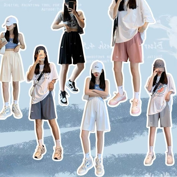 กางเกงขาสั้นลายหมู่ กางเกงขา 3 ส่วน กางเกงขาสั้นผู้หญิง ผ้านิ่มเด้งๆ แฟชั่นสไตล์เกาหลี คอตตอน เอวยาง