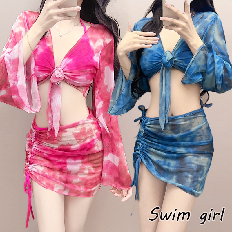 swim girlชุดว่ายน้ำ bikini เซ็กซี่ ชุดบิกินี่ ชุดว่ายน้ำแขนยาว 4 ชิ้น#0234
