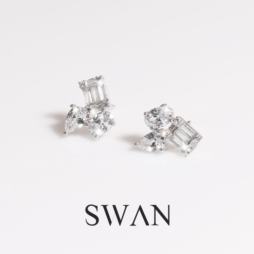 SWAN - Illusion Mix Shape Earring ต่างหูเงินแท้ ดีไซน์สะดุดตา ฝังเพชรคิวบิกเซอร์โคเนีย
