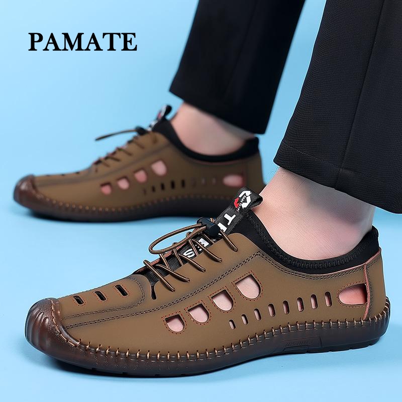 PAMATE รองเท้ารุ่นใหม่สำหรับผู้ชาย แบบโปร่งระบายอากาศ พื้นนุ่มกันลื่น รองเท้าแตะทำด้วยมือใส่สบาย สำหรับใส่ไปข้างนอก