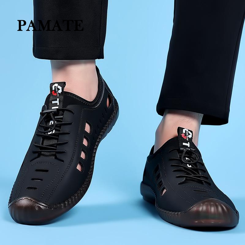 PAMATE รองเท้ารุ่นใหม่สำหรับผู้ชาย แบบโปร่งระบายอากาศ พื้นนุ่มกันลื่น รองเท้าแตะทำด้วยมือใส่สบาย สำหรับใส่ไปข้างนอก
