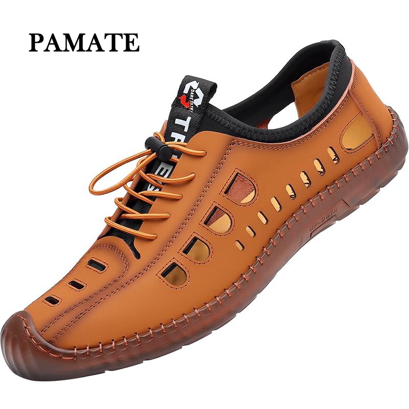 PAMATE รองเท้ารุ่นใหม่สำหรับผู้ชาย แบบโปร่งระบายอากาศ พื้นนุ่มกันลื่น รองเท้าแตะทำด้วยมือใส่สบาย สำหรับใส่ไปข้างนอก