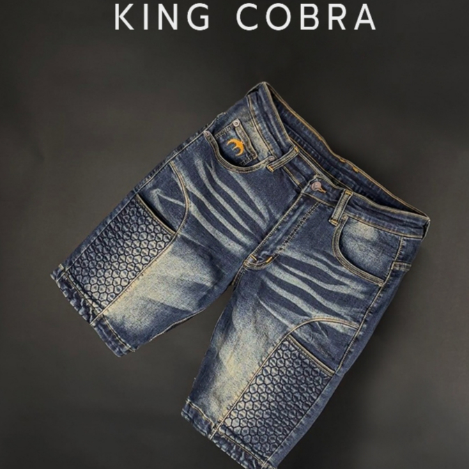 กางเกงขาสั้น KING COBRA รุ่น KE02 สีบลูยีนส์ฟอก MANTA DENIM เสริมกระเป๋าข้าง 2 จุด ล็อคโทรศัพท์ ผ้ายืดเยอะใส่สบาย