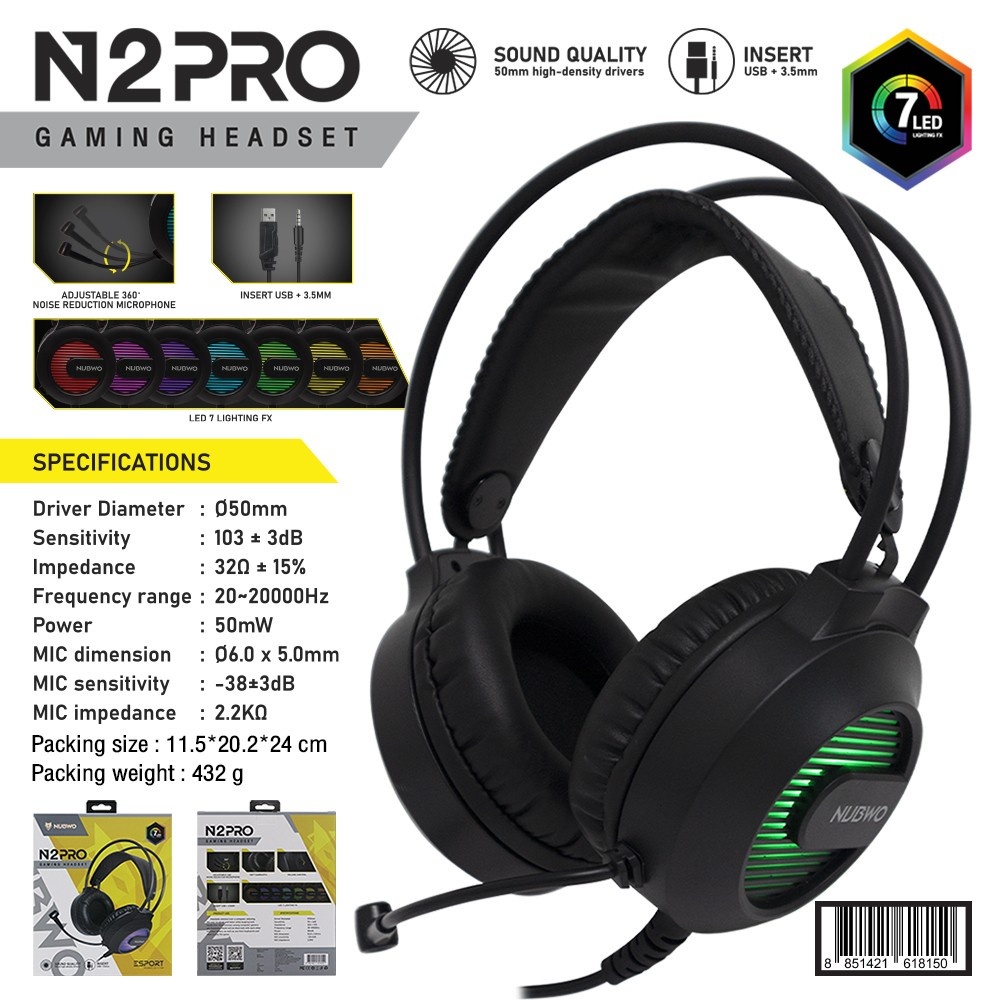 NUBWO N2 PRO HEADSET GAMING หูฟังเกมมิ่ง Stereo เสียงดี ไฟ LED 7 Color 1 USB/1 Jack