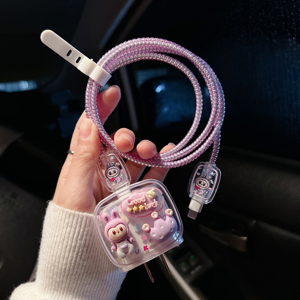 พร้อมส่งจากไทย ลาบูบู้ม่วง ชุดพันสาย เคสหัวชาร์จ ลายการ์ตูน ตัวถนอมสาย USB สำหรับ iphone 20w 18w 35W