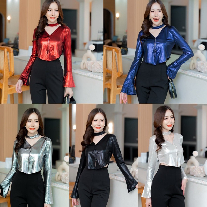 crop shirt เสื้อเชิ้ต ทรงครอป แขนยาว เมทาลิค สายปาร์ตี้ ผ้าเงา