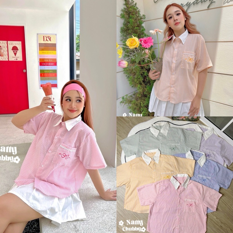 เสื้อเชิ้ตคอปก ผ้าลายริ้ว ดีเทลกระเป๋าปักโบว์ แต่งขอบลูกไม้ น่ารัก plussize สาวอวบ