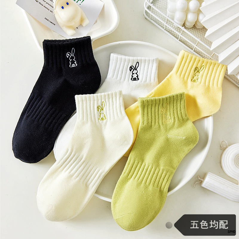 JMS STORE ถุงเท้าข้อสั้น (5สี/10คู่) ถุงเท้าแฟชั่น เนื้อผ้านุ่ม ลายกระต่าย NO.B63