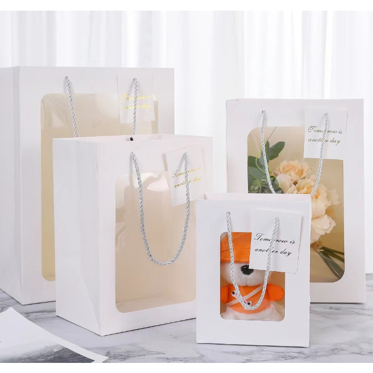 🌷BOX🌷ถุงกระดาษ หูหิ้ว ถุงของขวัญ โชว์หน้าใส ใส่ดอกไม้ ตุ๊กตา ใส่สังฆทาน หูเชือกเกลียว มีป้ายห้อย พร้อมส่งในไทย