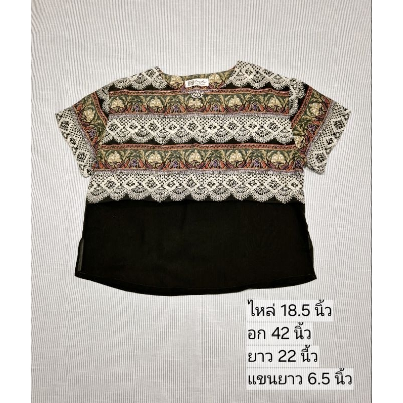 JFashion-NK002 เสื้อแฟชั่นวินเทจ มือ 2 ผ้าชีฟองลายกราฟฟิคแขนสั้น