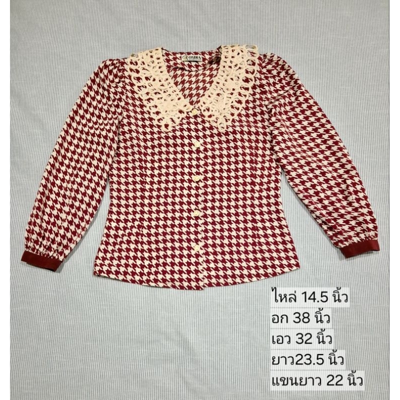 JFashion-NK003 เสื้อแฟชั่นวินเทจ มือ 2 สีขาวแดง คอลูกไม้ แขนยาว