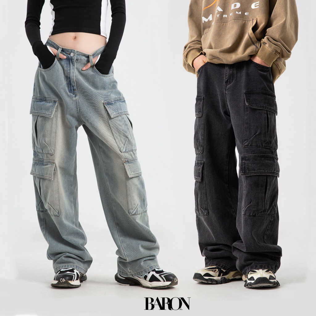 BARON Travis Denim Wide Straight Cargo Pants กางเกงยีนส์ผู้ชายขากระบอกกว้าง กางเกงคาร์โก้ Man Clothing