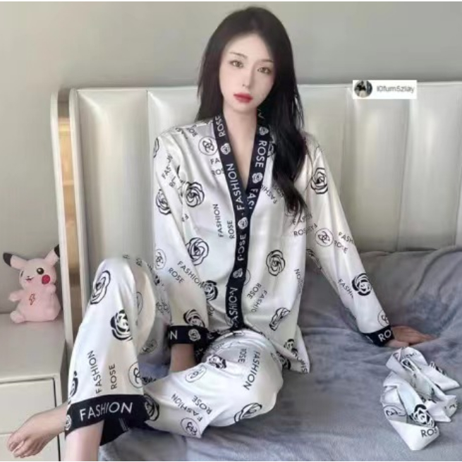 🌺(ราคาที่ถูกที่สุด)l0fum5zlayชุดนอนสไตล์ยุโรปและอเมริกาใหม่ล่าสุด，ผ้าซาติน， คอวีเรียบหรู， ขายาว+ท่อนบน，M-2XL