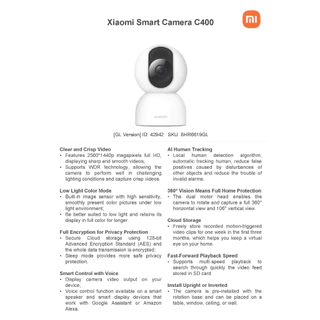 Xiaomi Smart Camera C400 4MP 2.5K ฟรีคลาวด์บันทึก H.265 กล้องวงจรปิด wifi 5g/2.4g ระบบ AI Google Assistant และ Alexa