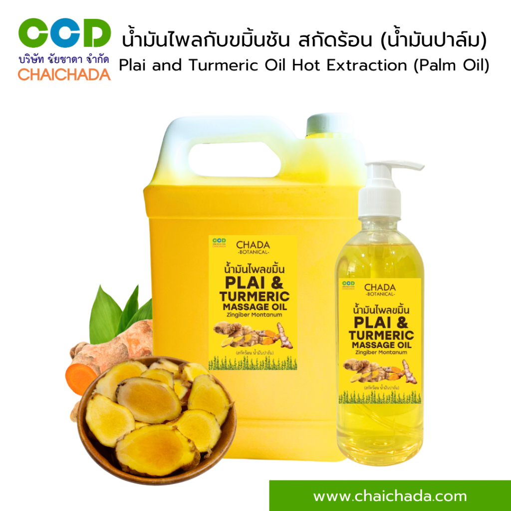 น้ำมันไพลกับขมิ้นชัน สกัดร้อน (น้ำมันปาล์ม) ตรา ฌาดา Plai and Turmeric Oil Hot Extraction (Palm Oil) Chada Brand