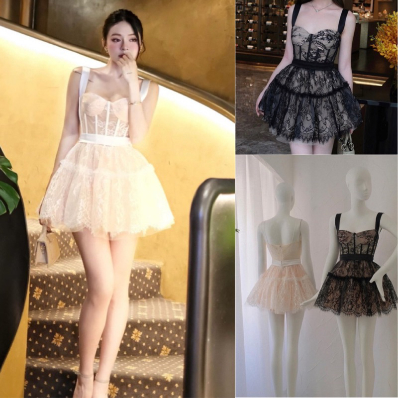 พร้อมส่ง เดรสสั้นสายเดี่ยวลูกไม้ทั้งตัว
