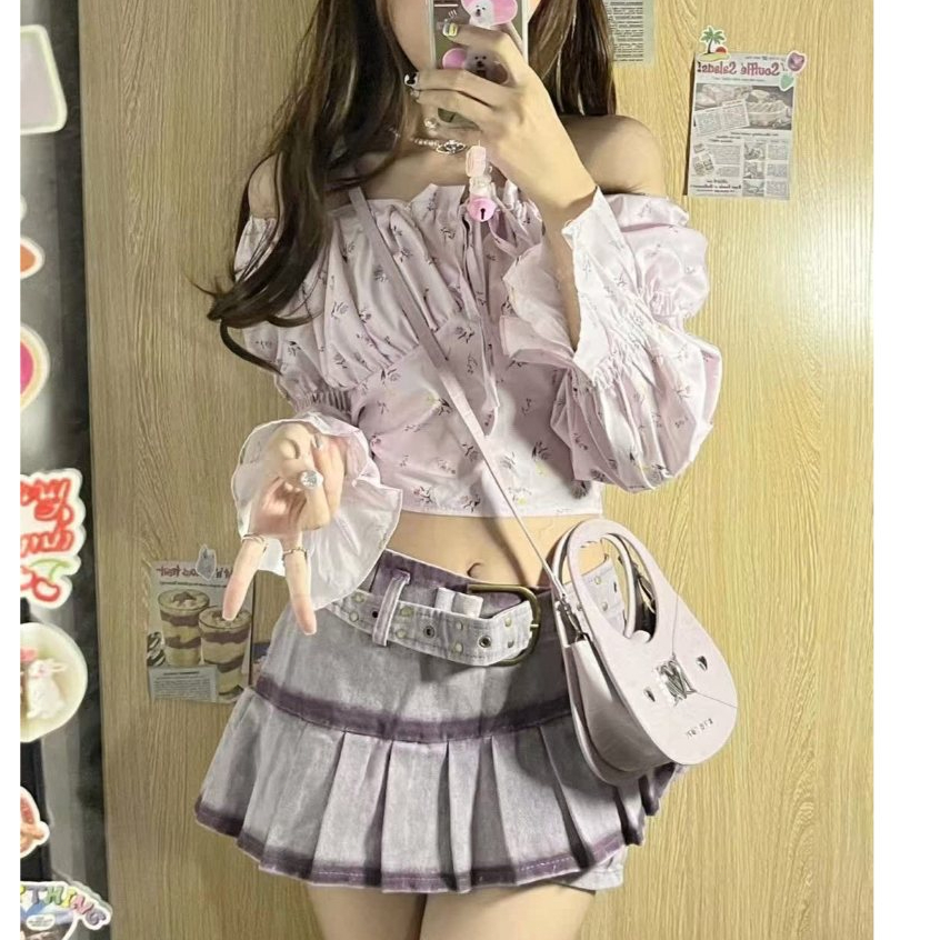จัดส่งภายใน 24 ชั่วโมง กระโปรงสั้นผ้าเดนิมสีม่วงผู้หญิงร้อนแรงสูง -กระโปรงเพรียวบางผอมเพรียว