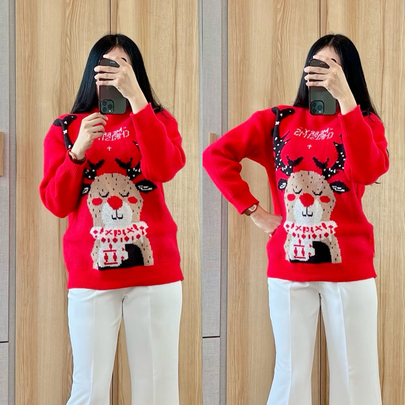 เสื้อสเวตเตอร์ โอเวอร์ไซส์ ลายน้องกวางเรนเดียร์
