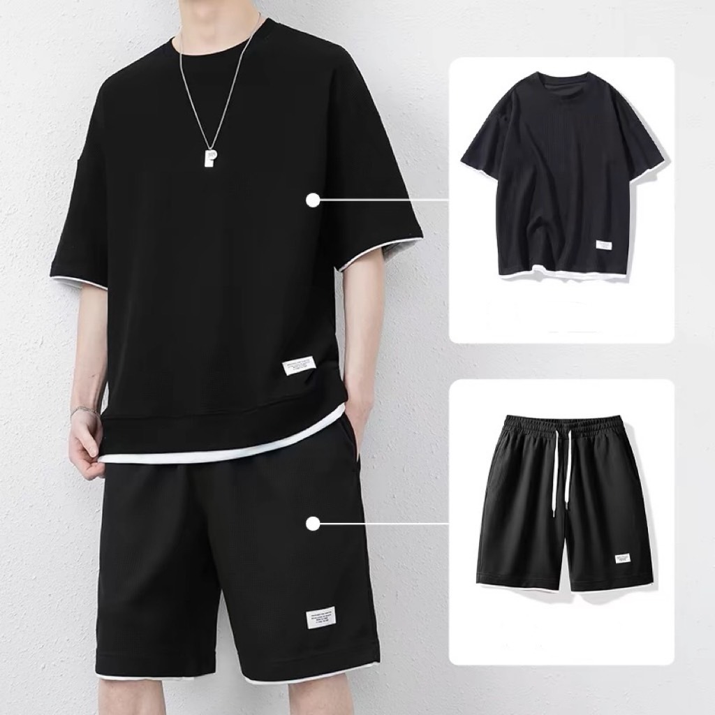 (ใหม่/T402#）พร้อมส่ง ชุดเซทชาย（เสื้อ+ขาสั้น）เนื้อผ้าฝ้าย ใส่เเล้วดูเเท่