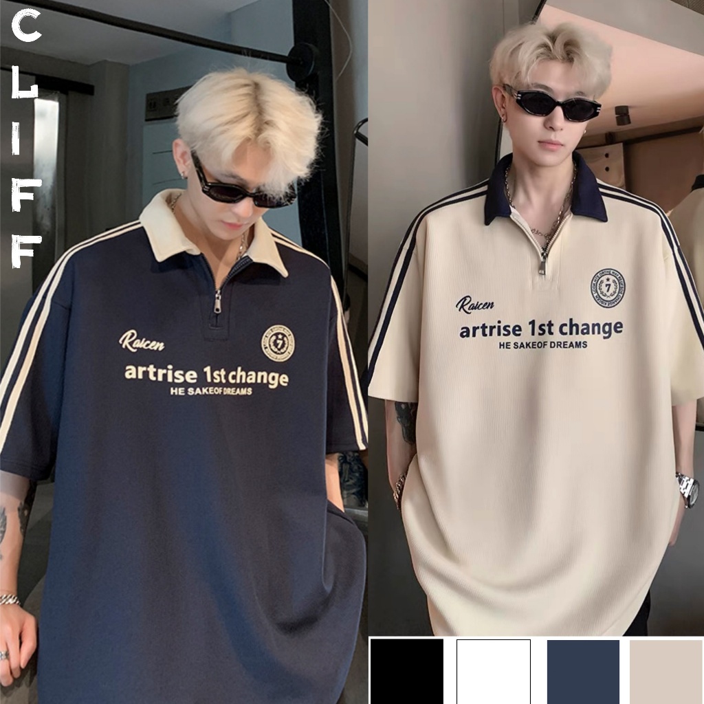 CLIFF เสื้อโปโลผู้ชาย ซิปคอเสื้อ แขนเสื้อ ชุดคู่รัก แขนสั้นสำหรับผู้หญิง เสื้อแบบบาง แบบหลวม