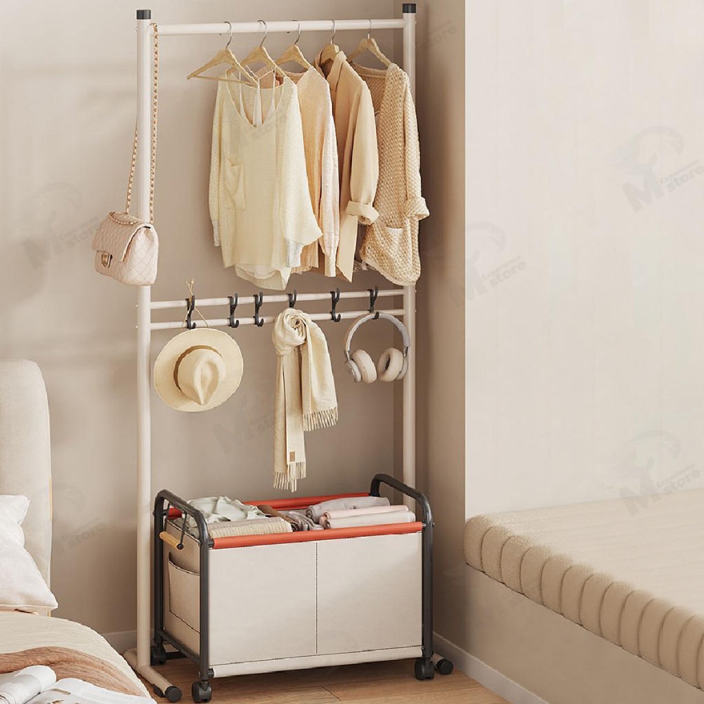 [ราว 3in1] ราวตากผ้า ราวแขวนผ้า ตะขอแขวนอเนกประสงค์ พร้อมรถเข็นเสริมตรงกลาง เก็บของได้จุใจ โครงเหล็กแข็งแรง พร้อมส่ง YG