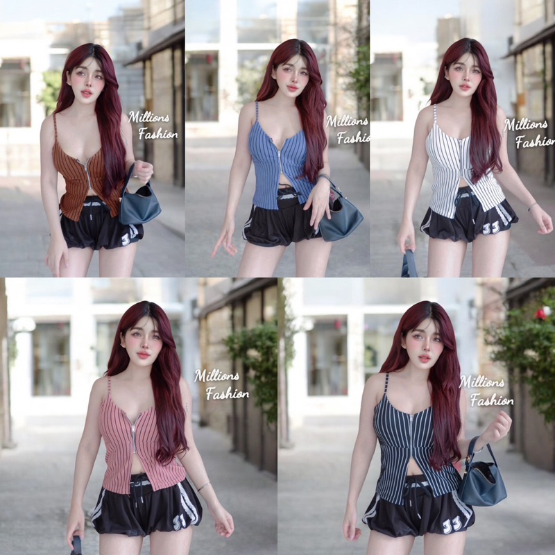 Kaidee99 เสื้อครอป สายเดี่ยว ซิปหน้า ผ้าท็อฟฟี่ลายริ้ว เสริมฟองน้ำในตัว ผ้าเด้งนุ่ม ยืดหยุ่น ใส่สบาย สวยเซ็กซี่มากค่ะ