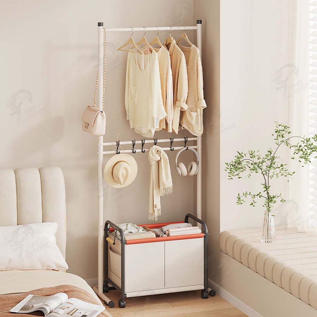 [ราว 3in1] ราวตากผ้า ราวแขวนผ้า ตะขอแขวนอเนกประสงค์ พร้อมรถเข็นเสริมตรงกลาง เก็บของได้จุใจ โครงเหล็กแข็งแรง พร้อมส่ง YG