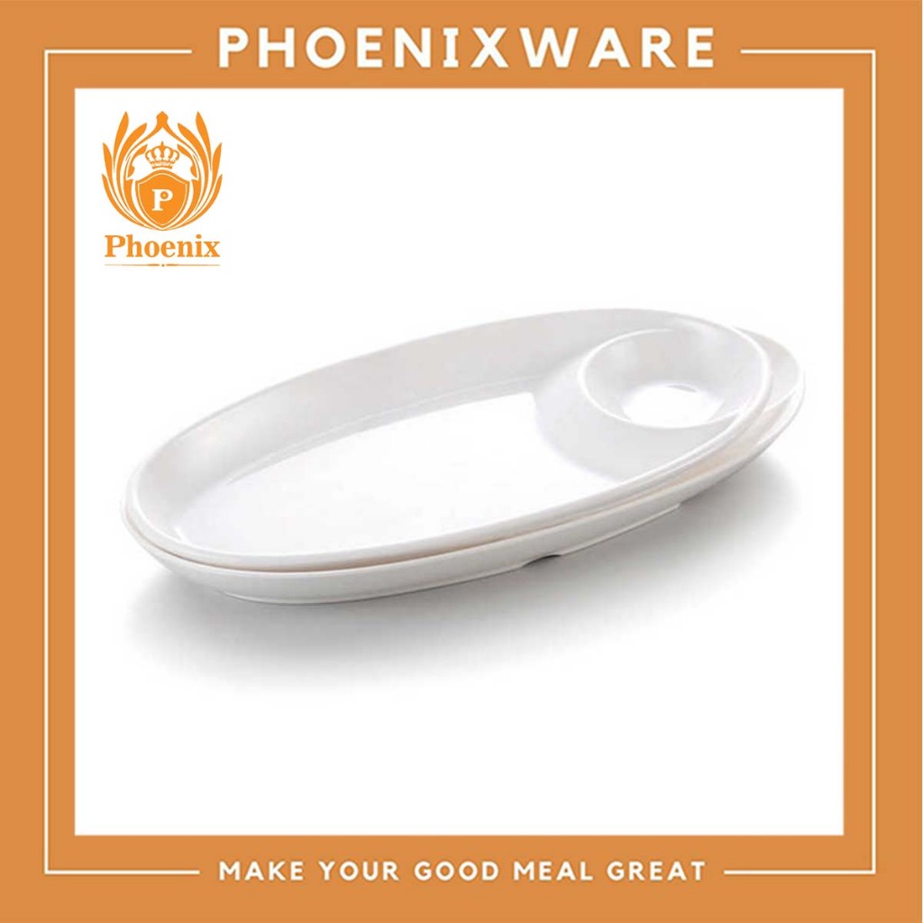 จานวงรี หลุมน้ำจิ้ม 11 นิ้ว จานมีหลุม ถ้วยน้ำจิ้ม เมลามีน ใส่ของทอด Phoenix A3828