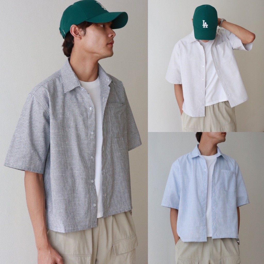 IBB STRIP CROPPED SHIRTS เสื้อเชิ้ตแขนสั้นลายทางทรงครอป