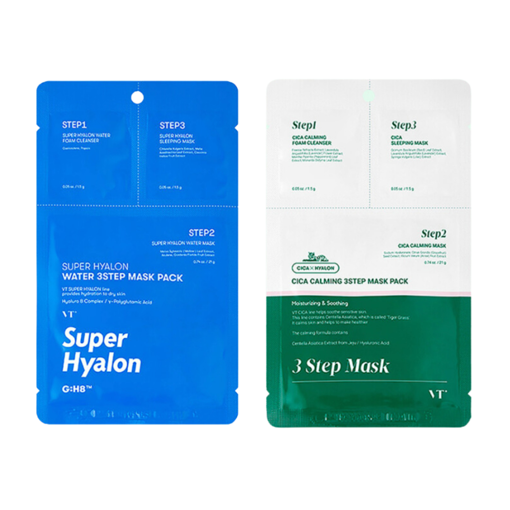VT Cica Calming / Super Hyalon Water 3Step Mask Pack มาส์ก 3 ขั้นตอน สูตร CICA ลดอักเสบ สูตร Hya เติมน้ำผิวชุ่มชื้น