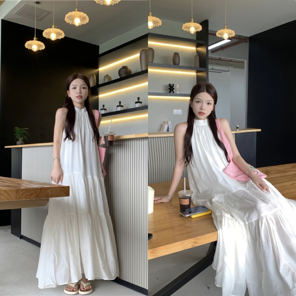 Beryl🌻ชุดเดรสคอฮอลเตอร์สำหรับผู้หญิง 👗 เดรสยาวสไตล์วันหยุดแขนกุดสไตล์ฝรั่งเศสในช่วงฤดูร้อน