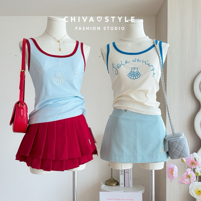 -𝐂𝐡𝐢𝐯𝐚- พร้อมส่ง เสื้อกล้ามผ้าร่อง ปักลายหอย