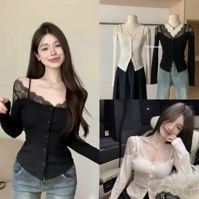 เสื้อแขนยาวผ้าร่องต่อลูกไม้ช่วงไหล่รุ่น 9466 TAG:WG.WE