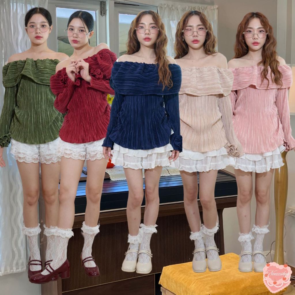 NOOZZSHOP 3911293 เสื้อปาดไหล่ ฟรีไซส์ ผ้าพลีท ชุดเที่ยวชิลๆ