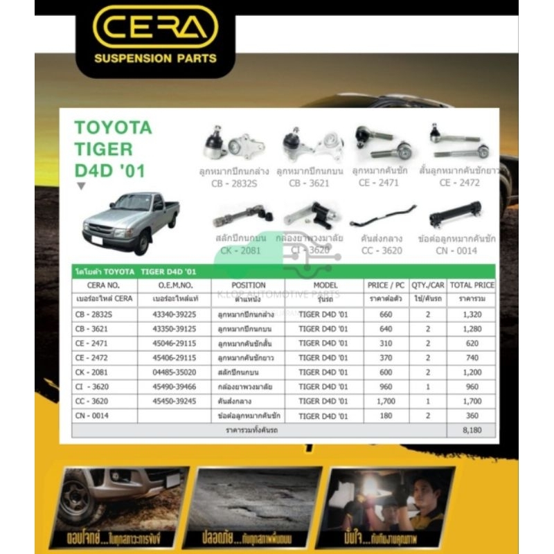 ชุดเปลี่ยนลูกหมากช่วงล่าง(CERA) TOYOTA TIGER D4D (MADE IN THAILAND) *** มาอุดหนุนสินค้าไทยกันครับ