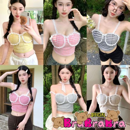 𝑩𝒓𝒂𝑩𝒓𝒂𝑩𝒓𝒂 #bra-278 สายเดี่ยว ลายสก๊อต มีฟองน้ำ เสื้อครอป ลูกไม้