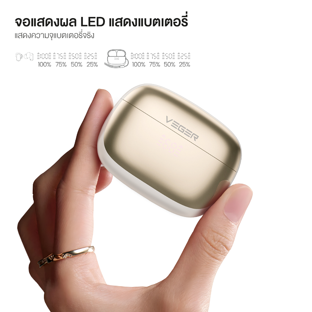 VEGER VE-19T หูฟังบลูทูธ หูฟัง Bluetooth V5.4 IPX4 หน้าจอ LED ตัดเสียงรบกวน ระบบควบคุมแบบสัมผัส รับประกัน 2 ปี