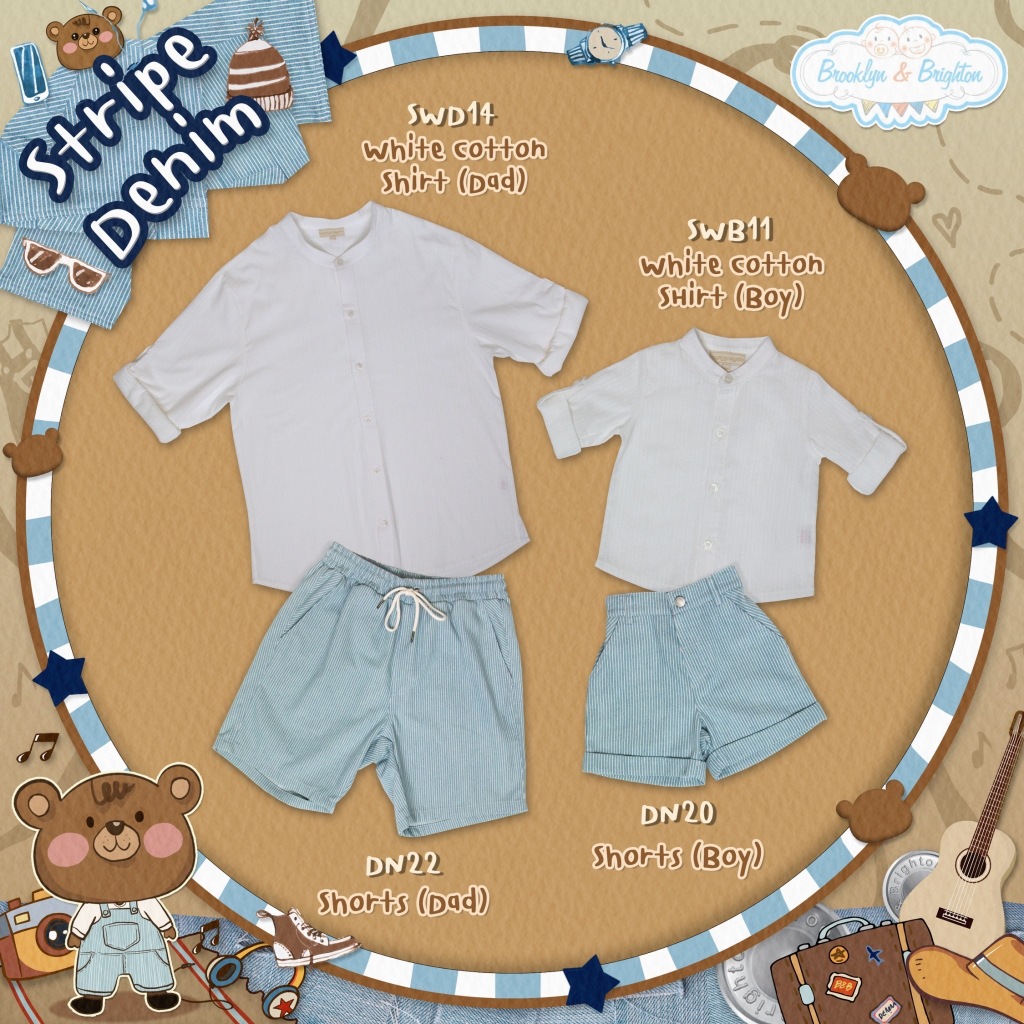 Brooklyn & Brighton - Top White Shirt Long Sleeve & Stripe Denim Shorts (Dad+Kids) SWB11 & SWD14