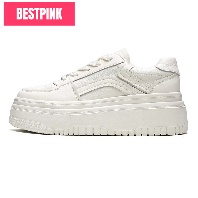 BESTPINK🎀รองเท้าสีขาวสไตล์ใหม่สำหรับผู้หญิง รองเท้าผ้าใบ พื้นหนา เหมาะสำหรับนักเรียน มีสีดำและสีขาว