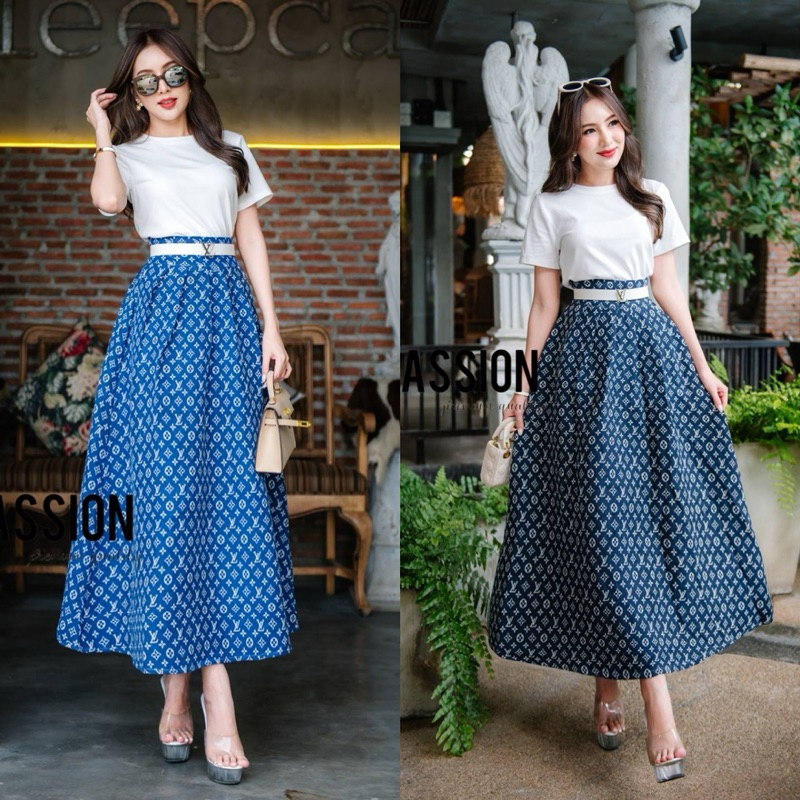 (s-3xl) ชุดเซตกระโปรง เสื้อ+กระโปรงผ้าทอ ลายแบรนด์+เข็มขัด งานป้าย passion