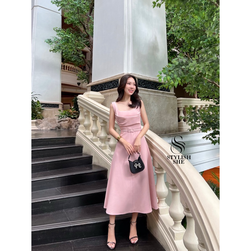 เดรสยาวสีชมพู เดรสออกงาน เดรสไปงานแต่งสีชมพู
