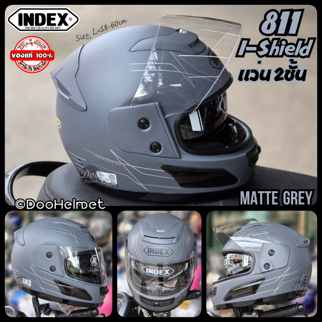 811Dual Visor เทาด้าน หมวกกันน็อคอินเด็กซ์ Index ชิวหน้ากาก 2ชั้น น้ำหนักเบา ไซร์ L ราคาดี