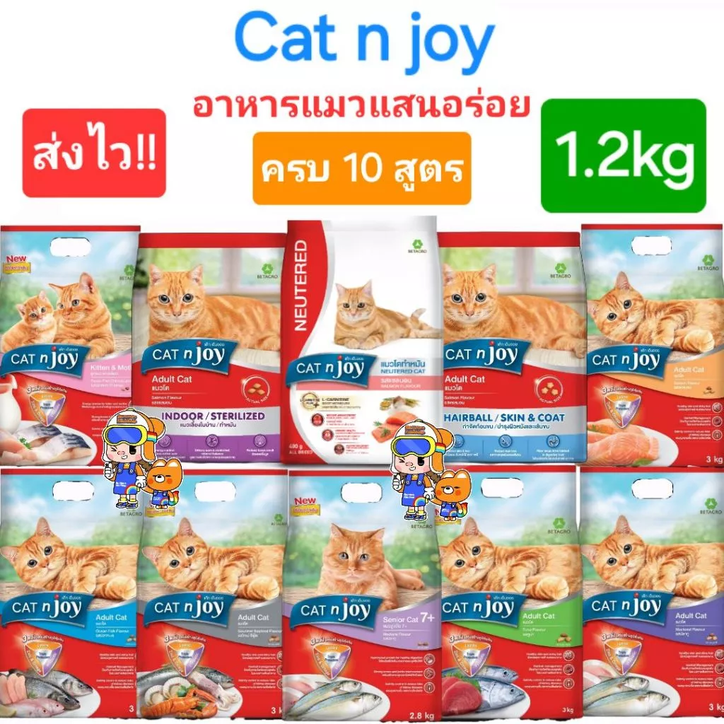 Cat n joy 1.2kg แค็ท เอ็นจอย อาหารแมว แสนอร่อย ครบ 10 สูตร Neutered Hairball ทำหมัน รสแซลมอน คุณภาพ ถุงขนาด 1.2 กก