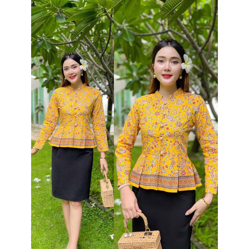 เสื้อปาเต๊ะสีเหลืองลายพัด